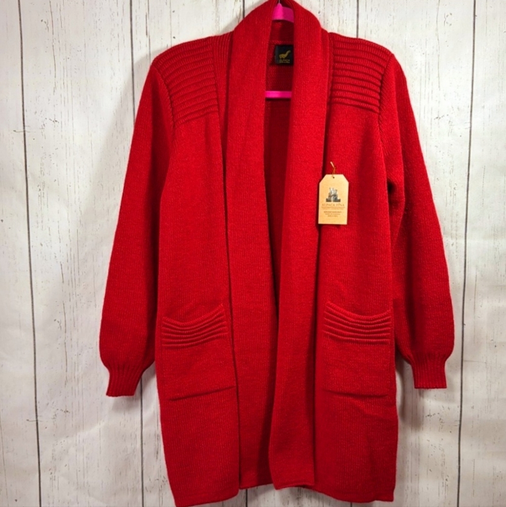 Alpaca Fina Peru 100% Alpac Red Pockets Knit Long Sweater Open Front Cardigan
